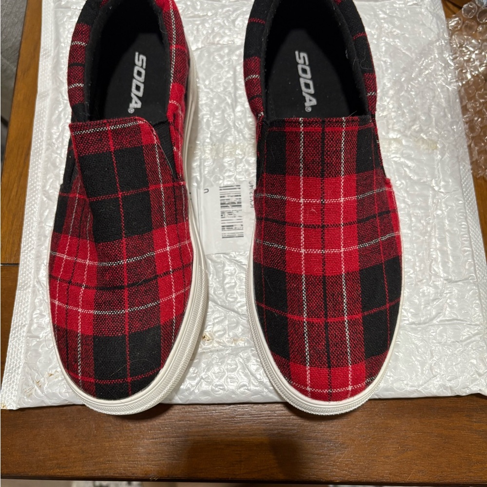 SODA women’s Red and Black Plaid Slip-On Shoes